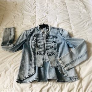 Allen B Denim military cadet style fitted jacket.